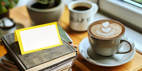 Sticky note, coffee and books with mockup at cafe for creative startup, agenda or tasks. Blank card, paper or sign for message, text or notification with cup of latte, cappuccino or caffeine at shop - Powered by Adobe