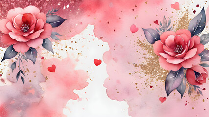 Pink background with watercolor flowers and glitter on stains