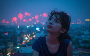 A woman stands outdoors, looking up at colorful fireworks exploding in the night sky