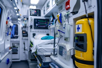 Closeup of a hospital room packed with various types of medical equipment, A close-up of the medical equipment inside an ambulance
