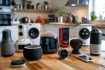 A bunch of smart devices are sitting on a table and one of them has the number 760 on it
