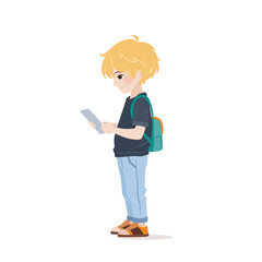 Little boy in casual clothing standing and using his tablet. Male character holding gadget in his hands and reading messages, scrolling social media. isolated vector illustration on white background.