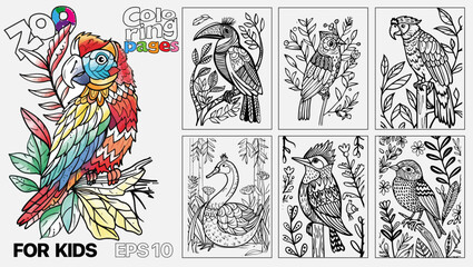 A book of children's coloring pages featuring birds. The pages are designed for kids and come in a set of six