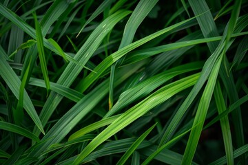 Detailed view of lush green grass with a blurred background, A close-up perspective of the texture and lines of individual grass blades