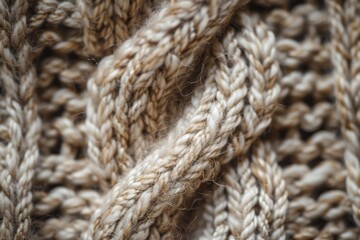 Fototapeta premium Detailed view of interwoven knitted wool fabric, showing intricate textures and patterns, A close-up view of a knitted wool texture with visible stitches