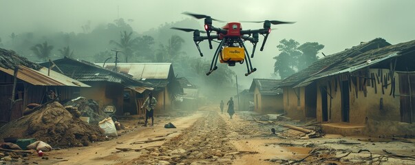 A drone delivering medical supplies to a remote village, providing essential healthcare to those in need