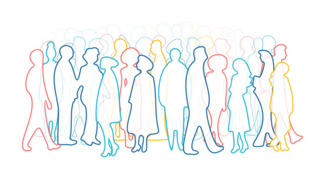 Abstract people silhouettes. Color line draw vector illustration. Diverse crowd. Community, society, different personalities and cultures make population. Multicultural, International rights concept.