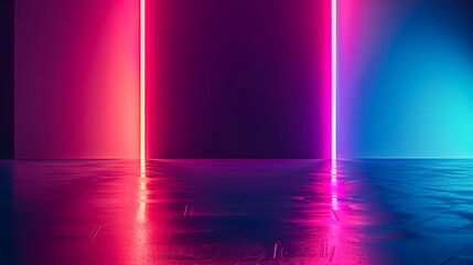 Fototapeta premium Empty dark room with neon lights, copy space