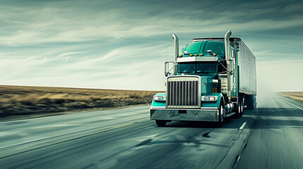 Trucking. Semi-truck driving on a highway at sunset