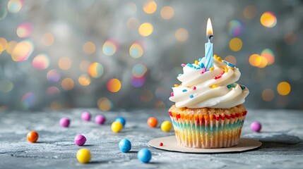   A cupcake topped with white frosting, a lit candle, and surrounding colorful candies