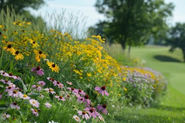 Obraz premium A vibrant field of wildflowers adjoins a golf course, adding color and beauty to the landscape, A cluster of vibrant wildflowers lining the edge of the course