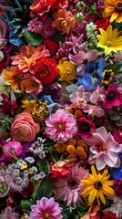 colorful diverse assortment of flowers, showcasing a beautiful array of petals, stems, and leaves