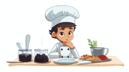 Little boy in a chef robe and hat cooks a meal flat