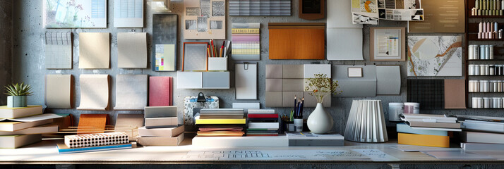 Interior Designer's Wall: Featuring wallpaper and paint samples, fabric swatches, and magazine clippings of design inspiration
