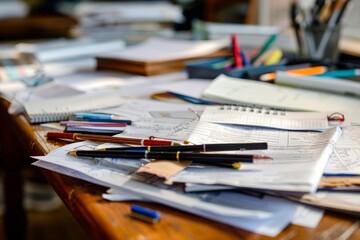 A cluttered desk with numerous papers scattered around along with various pens in disarray, A cluttered desk with scattered papers and pens - obrazy, fototapety, plakaty