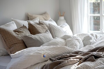 A bed with an abundance of pillows neatly arranged on top of it in a clutter-free bedroom, A clutter-free and organized bedroom with crisp linens and neatly made beds
