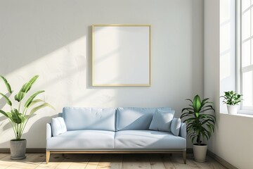 Modern living room with photo frame mockup for product display with blue sofa in the center