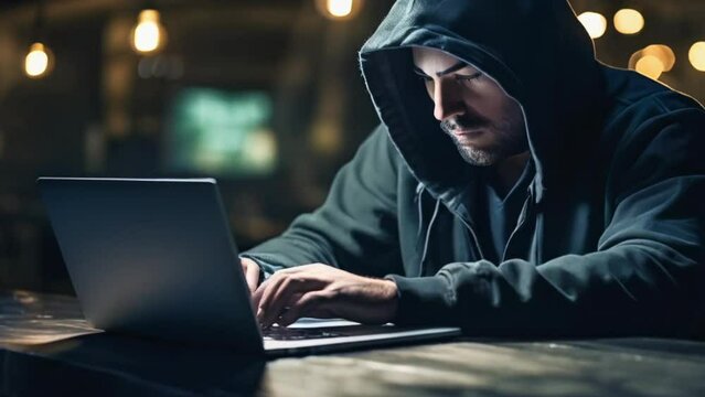 A hacker in a hood works on a computer