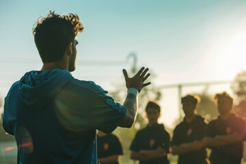 A man standing in front of a group of people, giving instructions and guidance, A coach giving instructions to their team