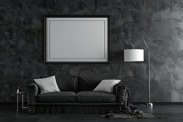 Mockup poster frame in modern living room interior design with dark empty wall.