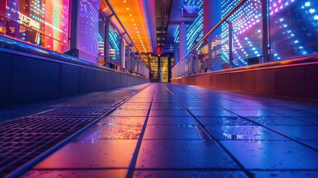 Low-angle shot of a walkway with vibrant colorful lights, modern architecture