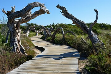 A wooden path winding through a grassy area with dead trees in a coastal setting, A coastal boardwalk with sandy dunes and sculptural driftwood installations - Powered by Adobe