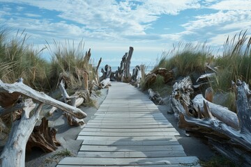 A wooden walkway runs through grassy dunes, bordered by weathered driftwood, A coastal boardwalk with sandy dunes and sculptural driftwood installations