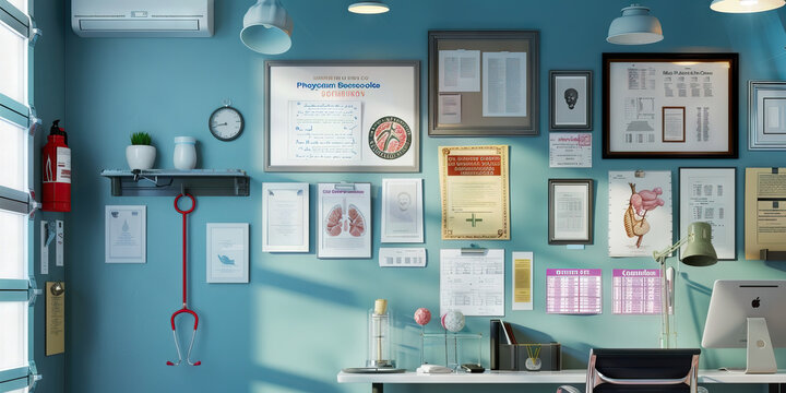 Doctor's Office Wall: Displaying medical diplomas and certificates, anatomical charts, and a stethoscope hanging nearby