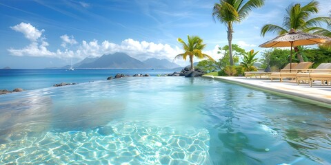 Swimming Pool with View of Nevis Peak Volcano at Christopher Harbour St Kitts. Concept Luxury Resort, Volcanic Landscape, Caribbean Paradise, Tropical Getaway, Exotic Destination