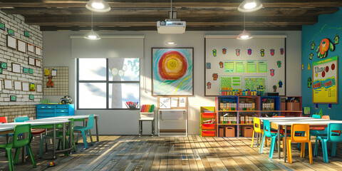 Teacher's Classroom Wall: Decorated with educational posters, student artwork, and a whiteboard with lesson plans