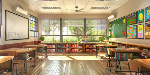 Teacher's Classroom Wall: Decorated with educational posters, student artwork, and a whiteboard with lesson plans