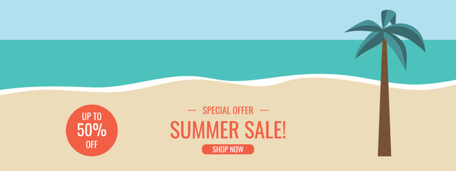 Summer sale banner. Summer beach design with palm tree. Vector illustration.	