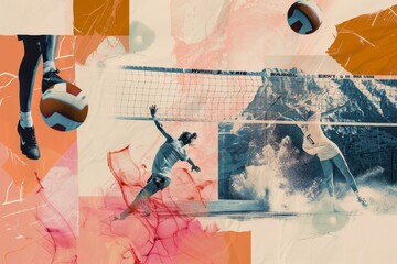 Collage showcasing a woman engaged in volleyball activities like serving, spiking, and diving, A collage of different elements related to volleyball, such as balls, nets, and players