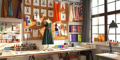 Fashion Designer's Atelier Wall: Adorned with fabric swatches, fashion sketches, and a corkboard with clothing patterns