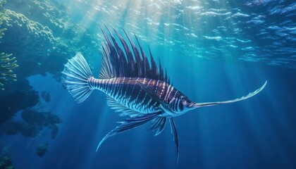 Obraz premium Ikan marlin besar di lautan biru, pemandangan hewan lautan yang memukau