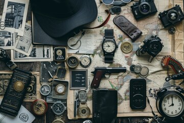 Various tools and items are spread out across a table, creating a diverse collection, A collage of images showing the various tools and gadgets used for espionage