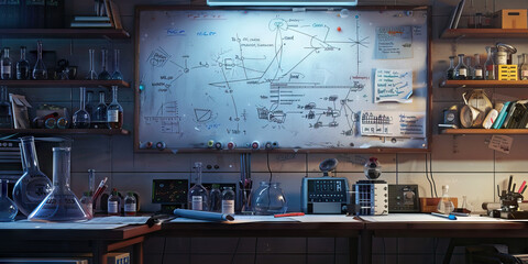 Scientist's Lab Wall: Covered in lab equipment, charts, and graphs, with a whiteboard filled with scientific equations and notes