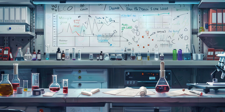 Scientist's Lab Wall: Covered in lab equipment, charts, and graphs, with a whiteboard filled with scientific equations and notes