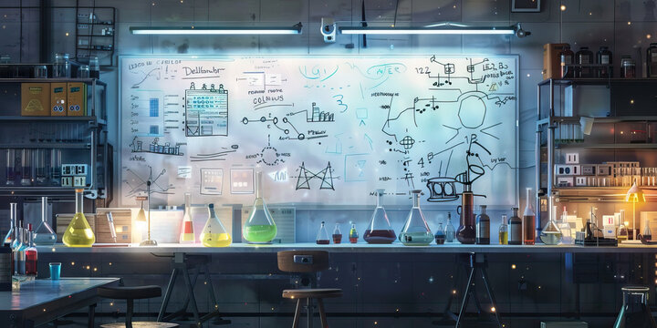 Scientist's Lab Wall: Covered in lab equipment, charts, and graphs, with a whiteboard filled with scientific equations and notes