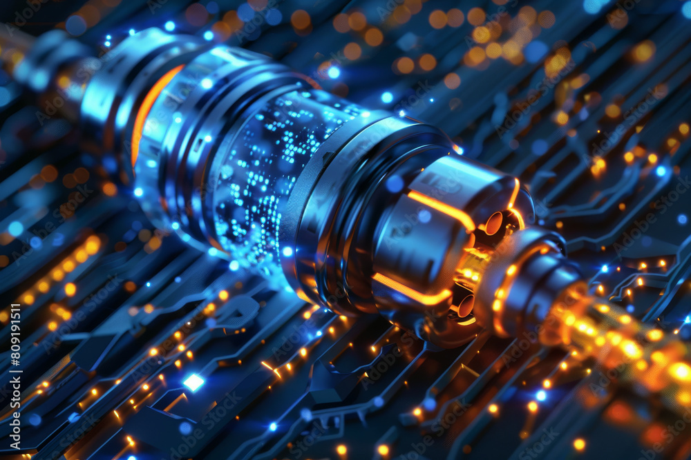 Poster a computer generated image of a metal object on a circuit board
