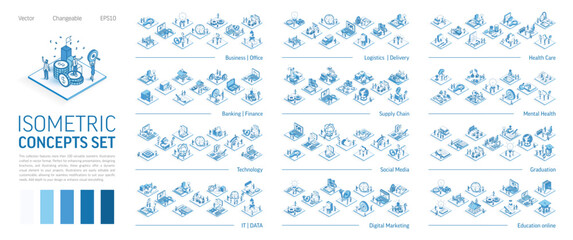 Isometric illustrations set. Busy people teamwork 3d concept scenes. Icons for business, bank, social media market, logistic, internet technology, education, healthcare, art and IT. Infographic design