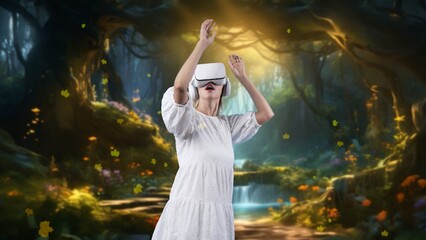 Excited girl wearing VR transfer to metaverse surround fantasy jungle greenery maple leave falling...