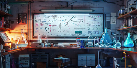 Scientist's Lab Wall: Covered in lab equipment, charts, and graphs, with a whiteboard filled with scientific equations and notes