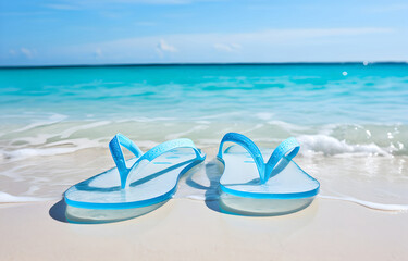 color flip-flops on white beach sand over blue transparent ocean