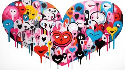 A vibrant and colorful mural featuring a collection of cartoonish hearts with various expressions
