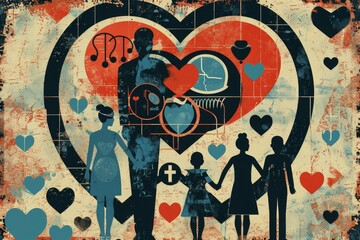 A painting depicting a man and woman holding hands in front of a heart symbol, A collage of symbols representing different methods of family planning