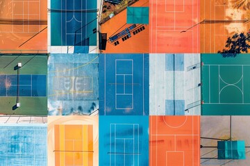 A compilation of various tennis courts in different vibrant colors, A collage of various pickleball courts from around the world, showcasing the sport's global appeal