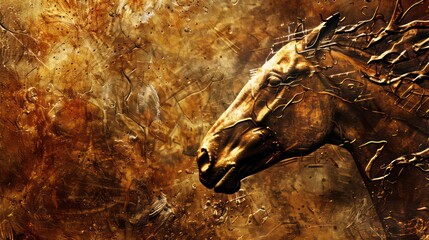 Modern painting, abstract, metal elements, texture background, animals, horses