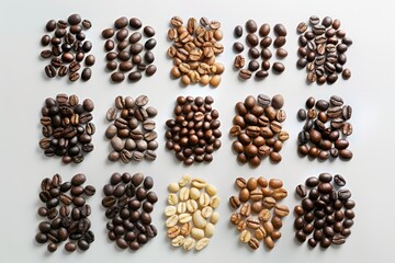 A collection of diverse coffee beans, showcasing the range of colors, sizes, and textures in the coffee industry, A collection of different coffee beans from around the world