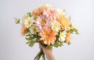 woman hand is holding a festive bouquet with chrysathemum flower